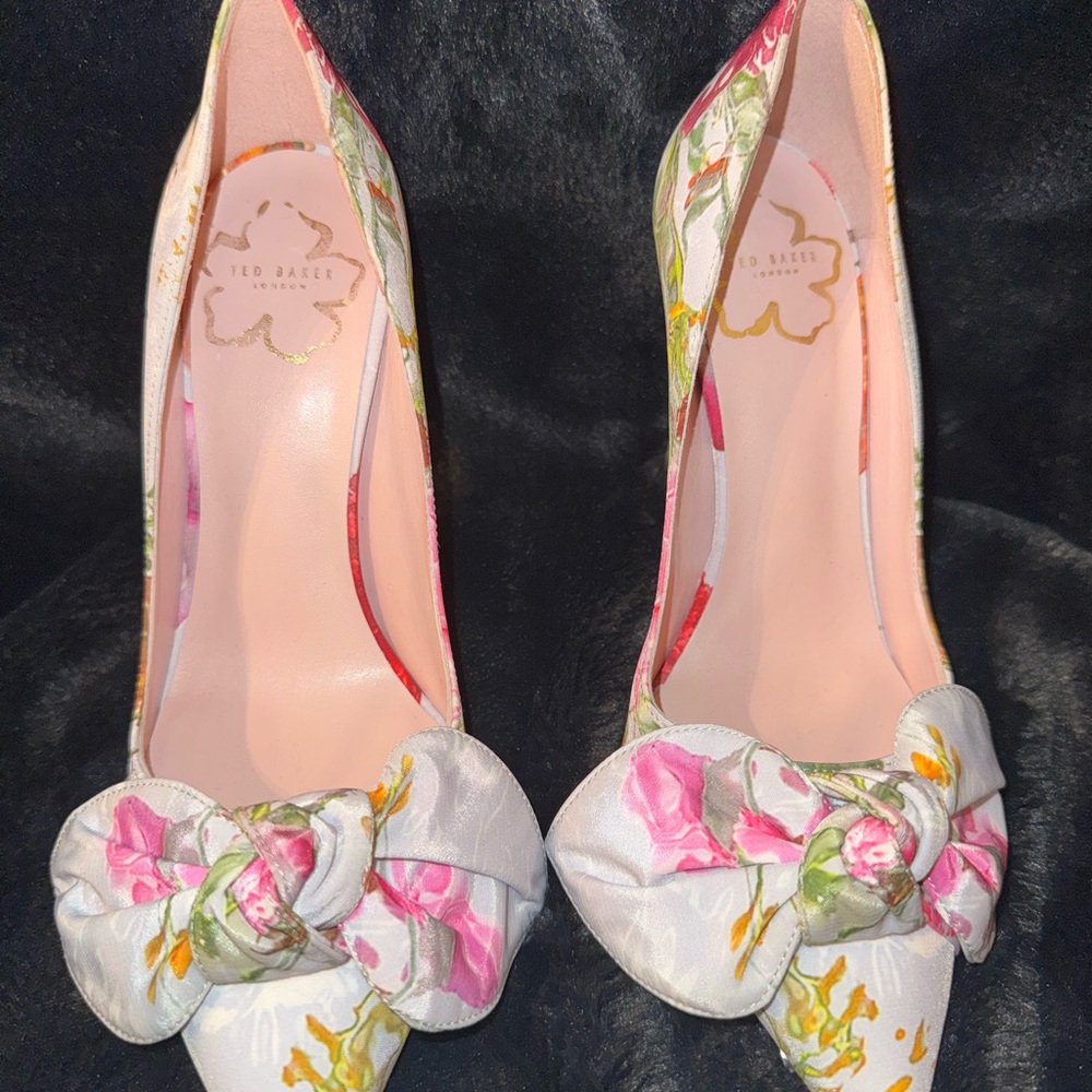 Ted Baker Floral Knot-Front Pointed Toe Heels in Pink and Green
